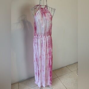 Elan Pink Tie Dye Halter Maxi Dress Size Large Boho Summer slits rayon